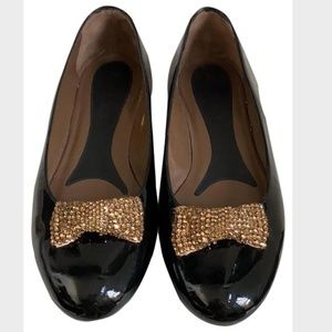 Marni Black Patent Leather Gold Crystal Bow Ballet Flats